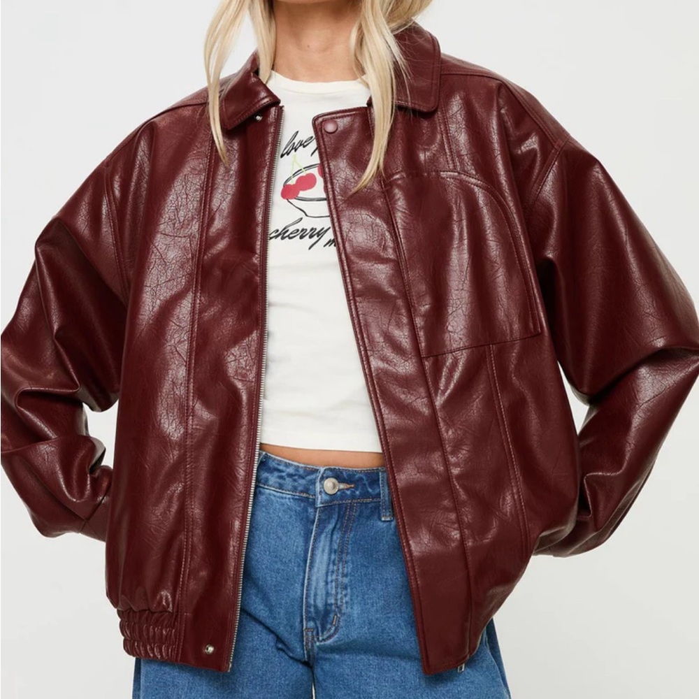 Princess Polly Faux Leather Jacket Burgundy - Picture 2 of 6